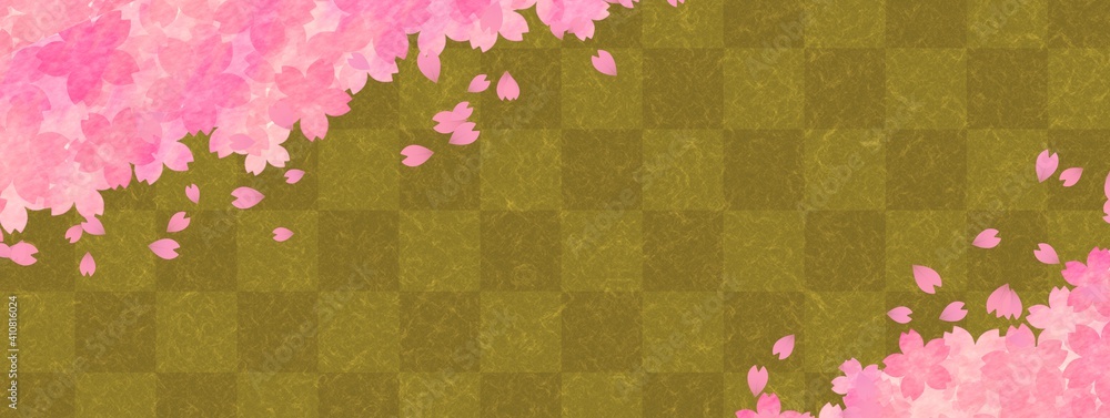 茶金色の市松模様と桜の花の背景イラスト no.01