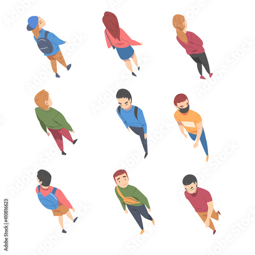 Top View on Going and Walking People Characters Vector Illustration Set