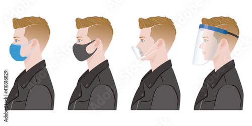 男性の横顔のイラスト. ウイルスの感染対策.
