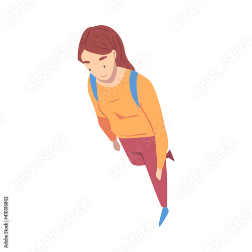 Top View on Going and Walking Woman Character Vector Illustration
