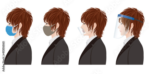 男性の横顔のイラスト. ウイルスの感染対策.