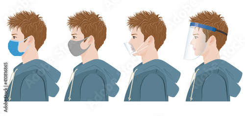 男性の横顔のイラスト. ウイルスの感染対策.