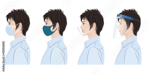 男性の横顔のイラスト. ウイルスの感染対策.