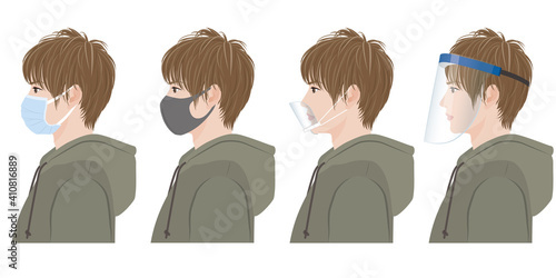 男性の横顔のイラスト. ウイルスの感染対策.