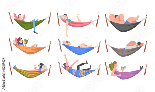 People Characters Resting in Hammock Reading Book and Sleeping Vector Illustration Set