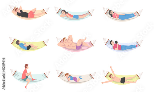 People Characters Resting in Hammock Reading Book and Sleeping Vector Illustration Set