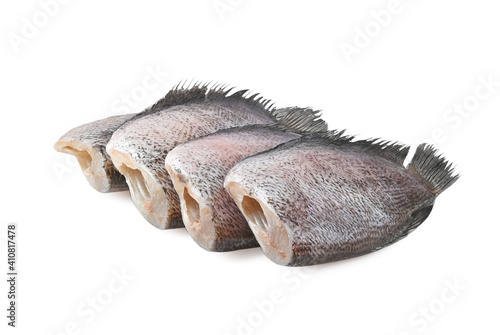 Sun dried fish, SnakeSkin Gourami Fish, Pla Salit (Trichogaster pectoralis) isolated on white background. © Montree