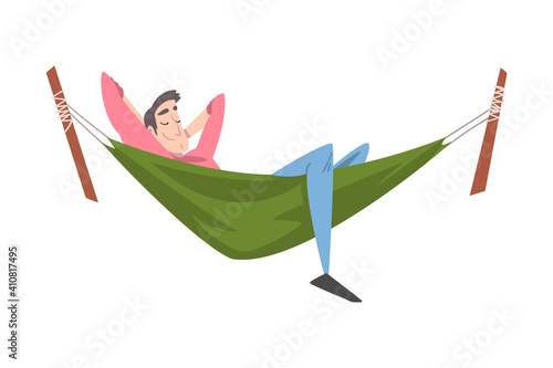 Smiling Male Lying in Hammock and Sleeping Vector Illustration