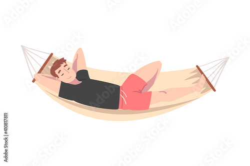Male Lying in Hammock and Sleeping Vector Illustration