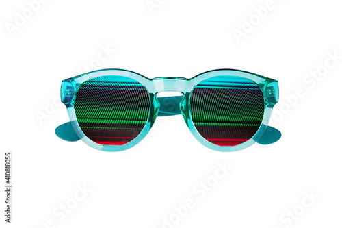 Sunglasses with abstract colorful lines pattern on white background isolated close up, digital screen sunglass concept, neon light glasses, fashion accessory design, night club party style decoration