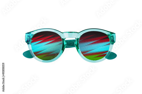 Sunglasses, abstract colorful zigzag lines pattern, white background isolated close up, digital screen sunglass concept, neon light glasses, fashion accessory design, night club party style decoration