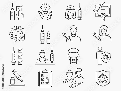 Vaccine icon set. Collection of syringe, coronavirus, covid 19, medical mask and more. Vector illustration. Editable Stroke.