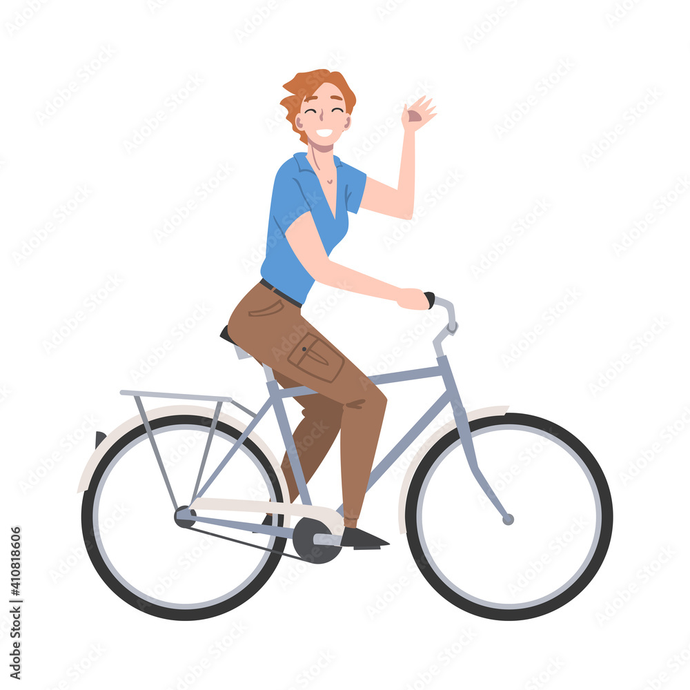 Joyous Woman Riding Bicycle and Waving Hand Enjoying Vacation or Weekend Activity Vector Illustration Joyous Woman Riding Bicycle and Waving Hand Enjoying Vacation or Weekend Activity Vector Illustration