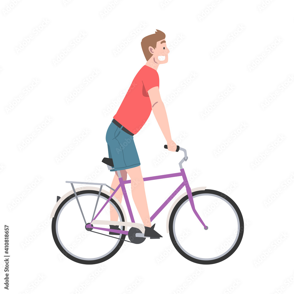 Happy Man Riding Bicycle Enjoying Vacation or Weekend Activity Vector Illustration Happy Man Riding Bicycle Enjoying Vacation or Weekend Activity Vector Illustration