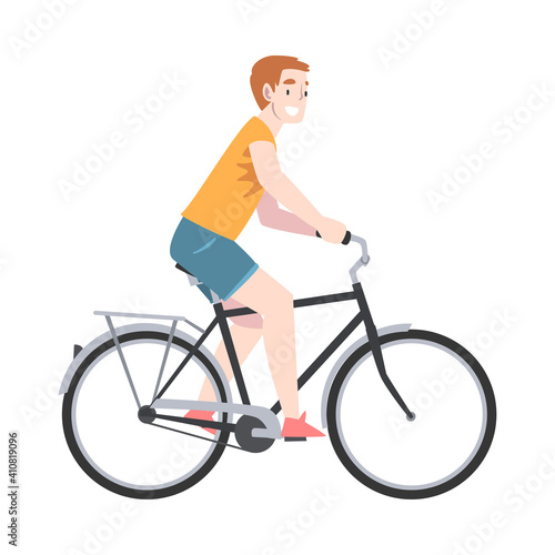 Happy Man Riding Bicycle Enjoying Vacation or Weekend Activity Vector Illustration