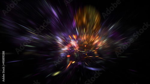 Abstract orange and violet fireworks. Holiday background with fantastic light effect. Digital fractal art. 3d rendering.