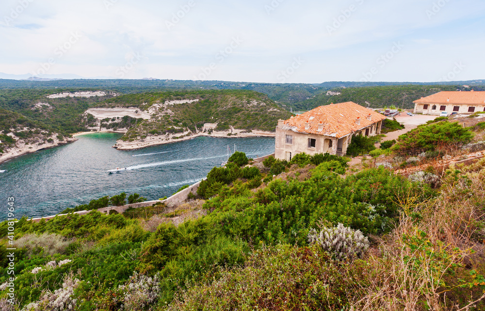 Bonifacio, Corsica. Coastal view with abandoned houses