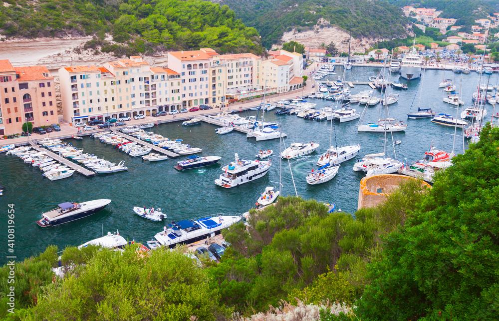 Bonifacio, Corsica. Aerial port view with yachts