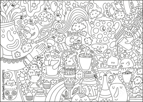 Big coloring page for children and adult with food and drinks.