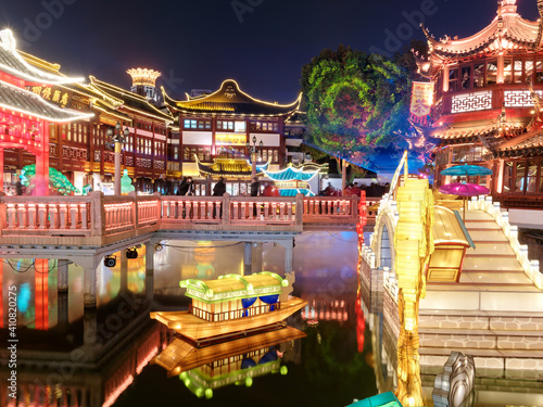 Lantern Festival in the Chinese New Year( the year of ox), colorful lanterns in Yuyuan garden at night.