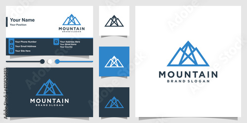 Mountain logo with modern line art style and business card design template Premium Vector