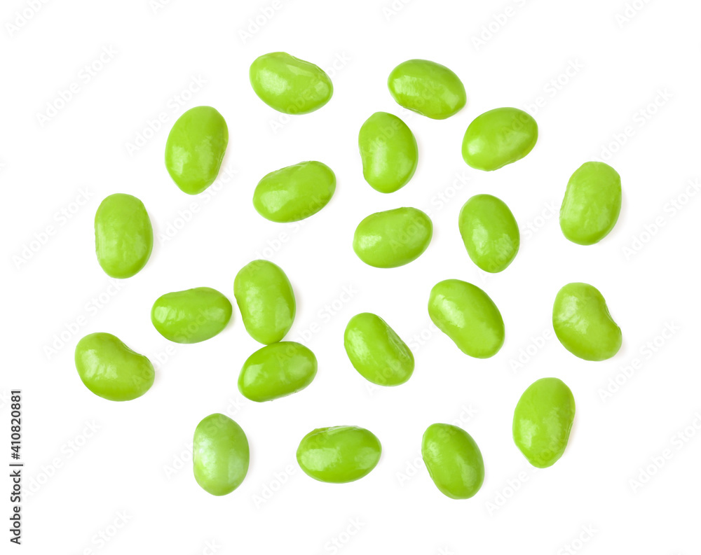Green soy beans on white background top view. Green soy beans on white background top view.