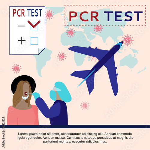 Square poster concept of conducting a PCR test for COVID-19 at the airport before departure in a pandemic. Flat style