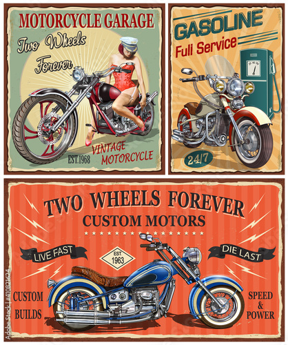 Set of vintage motorcycle metal signs.