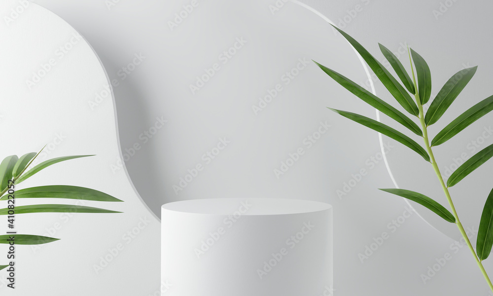 White product display podium with bamboo nature leaves. 3D rendering - obrazy, fototapety, plakaty 