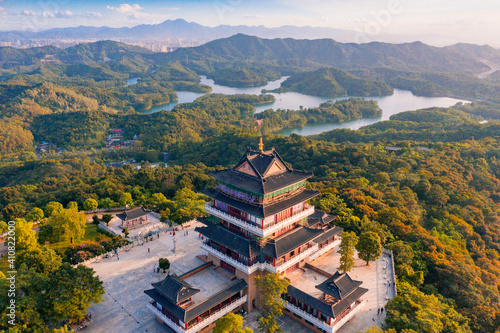 Aerial photos of gaobang mountain and Honghua lake scenic spots in Huizhou city, Guangdong province, China