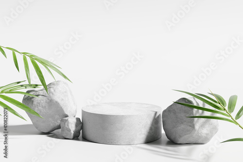 White product display podium with bamboo nature leaves and stone. 3D rendering  © nawapon