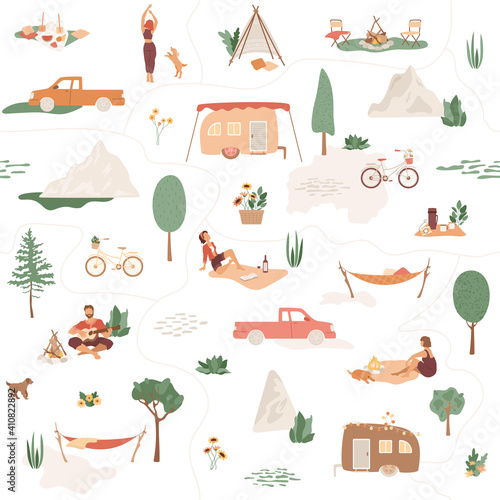 Big collection of camping objects. Seamless pattern with outdoor recreation, people relax, play the guitar, drink wine, walking with dog, sitting near campfire. Trailer, tent, hammock, picnic in park.