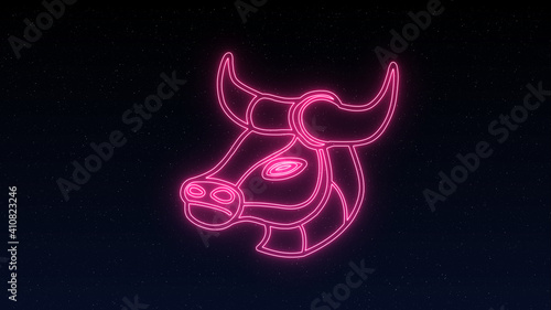 The Taurus zodiac symbol, horoscope sign in neon style on night star sky. Royalty high-quality free stock of Taurus zodiac sign. Night sky abstract background. Zodiacal mystic astrology symbols