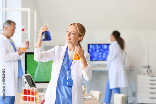 Female scientist working in...