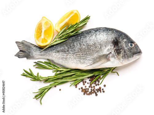 Photography Raw dorado fish with lemon and herbs on white background