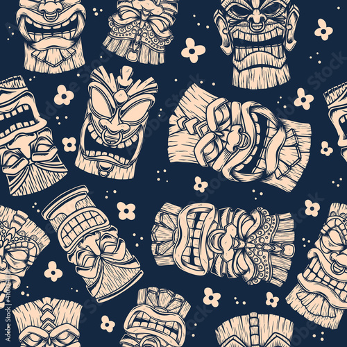 Seamless pattern with tiki idols. Design element for poster, card, banner, sign. Vector illustration