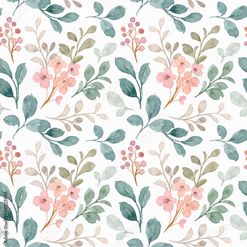 Seamless pattern of green and gray leaves with watercolor