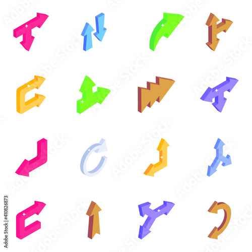 Isometric Icons of Arrows in Editable Style 