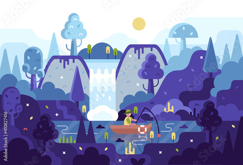 Vector cartoon panorama illustration in flat cartoon stile, fisherman with a fishing rod in the boat on the river. Forest landscape with lake and mountains