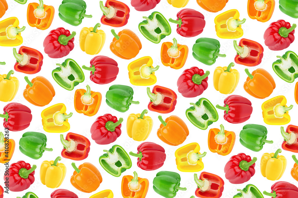 Multicolored endless pattern made with bell pepper isolated on white background.