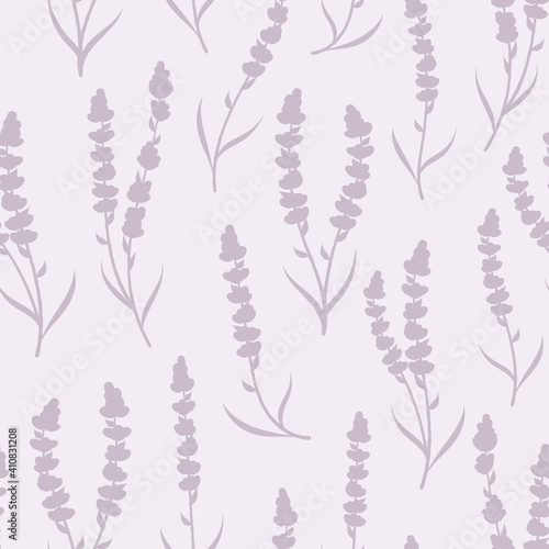 Bicolor elegant lavender seamless vector repeat pattern, monochromatic purple floral background with flower silhouette elements, cute feminine wallpaper for the spring with medicinal herbs.