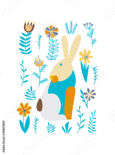 Vector illustration. Colored rabbit among flowers. For poster and congratulation..