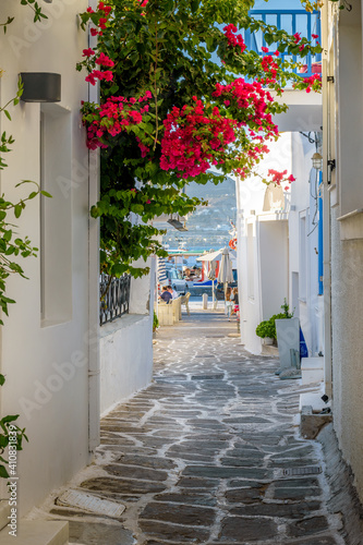 Traditional Cycladitic alley with a narrow streetleading to the sea , whitewashed houses and a blooming bougainvillea in Naousa Paros island, Greece