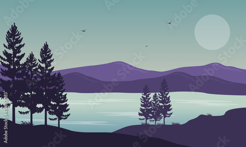 Stunning nature scenery in the river bank at sunrise in the morning. Vector illustration