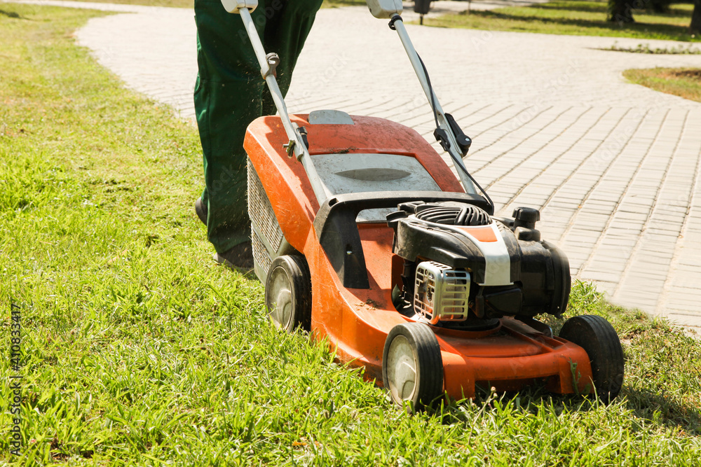 Obraz premium worker is cutting the grass with lawn mower