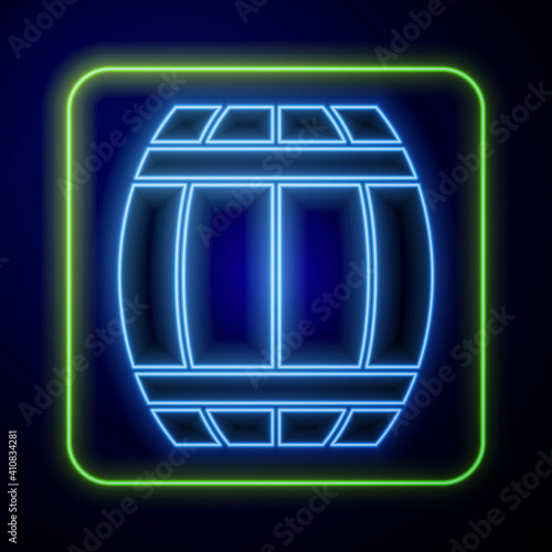 Glowing neon Gun powder barrel icon isolated on blue background. TNT dynamite wooden old barrel. Vector.