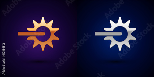 Gold and silver Cowboy horse riding spur for boot icon isolated on black background. Vector.