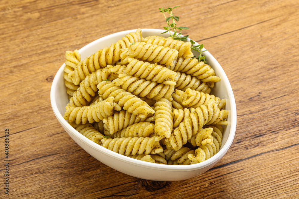 Italian pasta Fusilli with pesto Italian pasta Fusilli with pesto