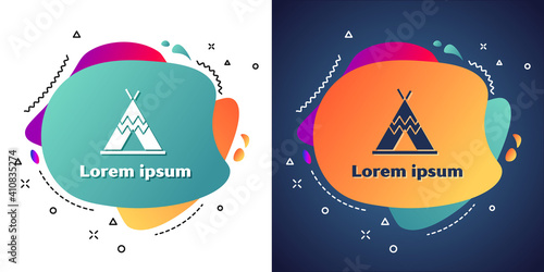 White Traditional indian teepee or wigwam icon isolated on white and blue background. Indian tent. Abstract banner with liquid shapes. Vector.