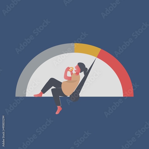 Hungry fat woman eating at night,Unhealthy eat junk food lifestyle,Eating disorder,Vector illustration.